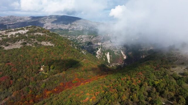 Aerial drone view of Col de Vence in the clouds in provence