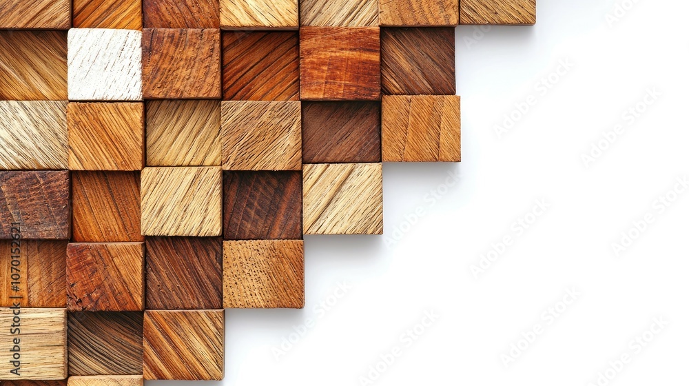 Poster a diagonal arrangement of various wooden blocks of different shades and patterns against a white bac