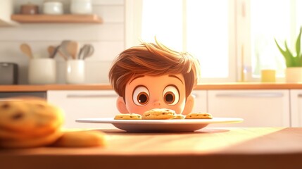 Curious children peeking at cookies on a kitchen table evoking wonder and playful anticipation