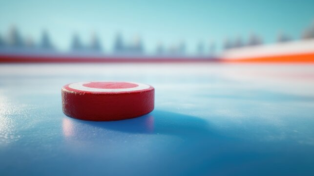 Close up view of an ice hockey puck positioned at the red line on a rink symbolizing the intensity of the game
