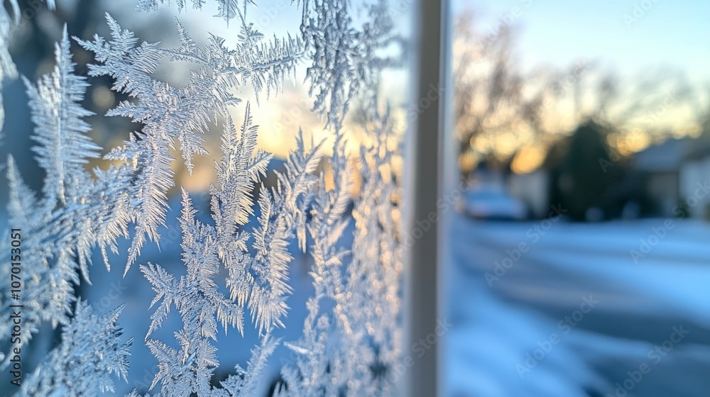Aufkleber intricate frost patterns on a window at sunset