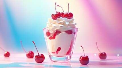 Delicious vanilla sundae topped with fresh cherries and whipped Chantilly cream in a glass cup perfect for indulgent dessert moments