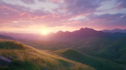 Obraz premium Stunning sunset over rolling green hills and mountains.