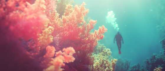 A diver ascends through the vibrant, sun-dappled ocean waters framed by lush coral, capturing the essence of underwater exploration.