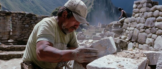 A dedicated craftsman works with focus and skill, shaping stone blocks amidst ancient ruins under a clear sky.