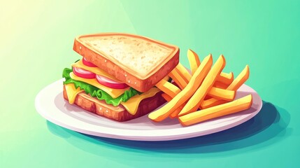 Delicious chicken cheese club sandwich served with crispy French fries ideal for a hearty lunch or snack
