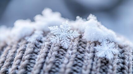 Obraz premium Snowflakes on Woolen Hat in Winter Close-Up