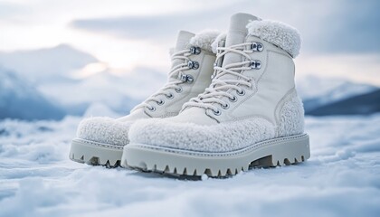 Warm winter boots placed on snow-covered ground in a mountainous landscape at dusk