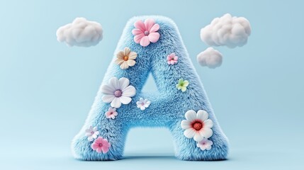 3D Render of Blue Furry Letter 'A' Decorated with Flowers and Clouds