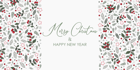 Vector illustration. Greeting card with Christmas and New Year. Christmas decoration border design with mistletoe leaves, stars, snowflakes on light background. Banner, frame, postcard, advertisement