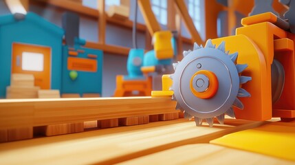 Close up of a saw blade cutting through a wooden bar in a carpentry workshop showcasing wood processing equipment
