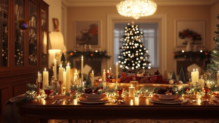 Festive Dining Room Setup with Candlelit Buffet