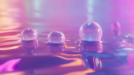 Three transparent bubbles float on a shimmering, iridescent pink surface, reflecting the light in a mesmerizing pattern.