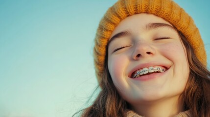 Close-up portrait of a young girl wearing a mustard beanie, laughing with her eyes closed and her mouth open, showing off her braces.