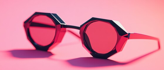 Stylish octagonal sunglasses with red lenses on a vibrant pink background create a bold, retro-chic aesthetic.