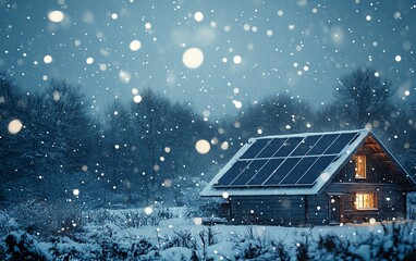 Snowflakes falling on solar panels installed on a house roof during winter, capturing the calm, snowy atmosphere with a clean and bright snowcovered roof