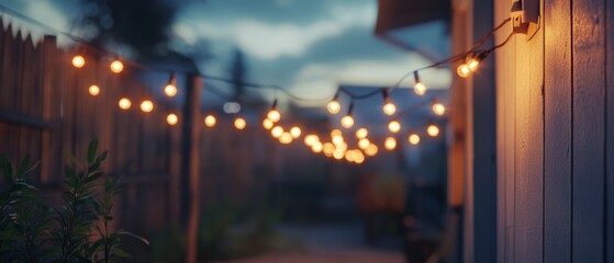 A string of warm lights adorns a backyard fence, casting a cozy glow and inviting ambiance as evening arrives.