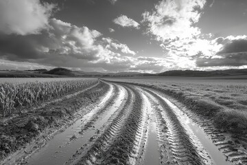 Fototapeta premium Dramatic monochrome landscape with muddy tractor path and stormy sky