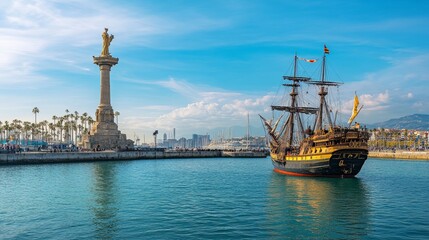 Fototapeta premium In Barcelona's sunny embrace, the towering monument of Christopher Columbus gazes westward, guiding imaginations toward the shores of America.