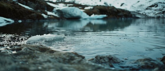 Fototapeta premium Floating ice creates a mesmerizing, textured landscape across the frozen surface, capturing the serene vastness of a winter wonderland.