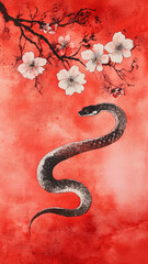 Obraz premium A black snake slithers gracefully across a vibrant red background adorned with delicate white flowers, symbolizing the year of the snake in 2025 according to the Chinese calendar. Generative AI