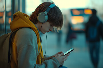 Teenager wearing headphones looks at his phone while waiting at a bus stop.