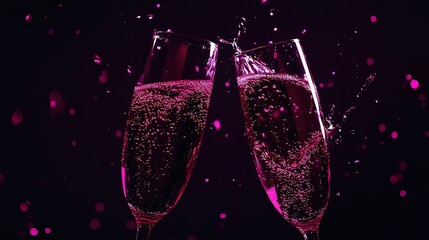 Two champagne flutes clinking together with pink champagne and splashes on a black background with pink bokeh.