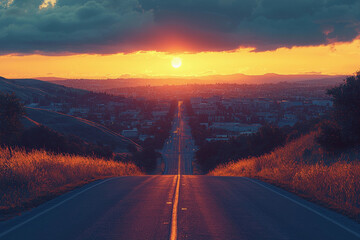 Sunset over a winding road with a view of the valley below