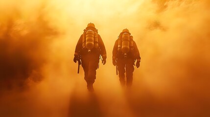 Two firefighters in silhouette walk through smoke and haze during a wildfire.