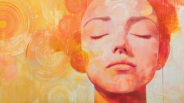 Portrait of a serene woman with closed eyes, layered in vibrant orange and yellow concentric circles, evoking calm and introspection. AI generative.