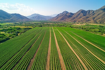 Obraz premium Aerial view of lush vineyard with mountainous backdrop under clear skies