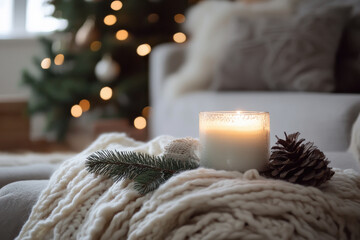 Cozy Christmas candle on blanket with pine needles and pine cone