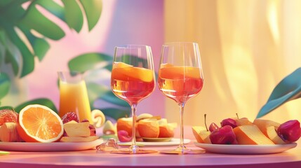 Elegant glasses filled with orange and rose wine alongside an array of gourmet snacks perfect for sophisticated gatherings