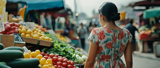 A bustling market scene with vivid colors and diverse produce, where a woman in a floral dress explores the lively atmosphere and fresh offerings.