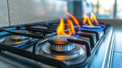 Two gas burners are lit on a stovetop with one burner burning blue and the other orange.