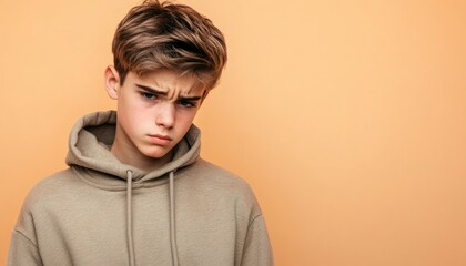 Fototapeta premium Portrait of a young man wearing a hoodie, looking down with a serious expression.