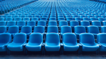 Fototapeta premium Empty blue stadium seats in symmetrical rows and columns