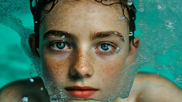 A young person with freckles swims underwater, their eyes looking directly at the camera