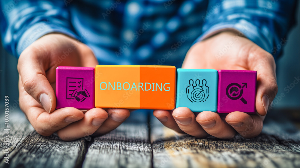 Poster onboarding process concept: hands hold colorful blocks with icons representing onboarding steps, sym