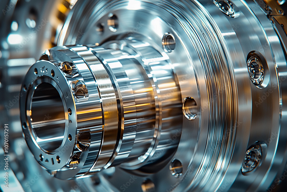 Poster close-up of precision-engineered metal components in a workshop