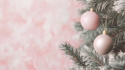 Two pink Christmas ornaments on a snowy pine tree branch against a pink and white blurred background.