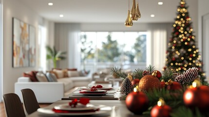 Modern Open Concept Living and Dining Area Decorated for Holidays