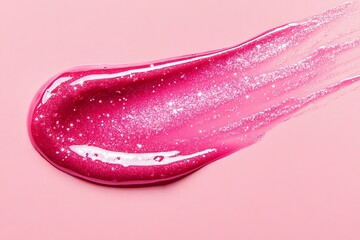 Fototapeta premium A vibrant pink glittery cosmetic gel smeared across a soft pink surface, showcasing a glossy texture and sparkling shimmer effect. Generative AI