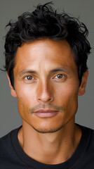 Obraz premium Close-Up Portrait of a Serious Man with Black Curly Hair and Tanned Skin