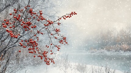 Snowy Winter Landscape with Red Berries