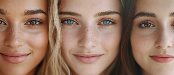 Fototapeta premium Three faces in close-up, exuding confidence and camaraderie with natural beauty and harmonious expressions.