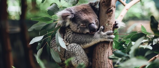 Fototapeta premium A koala blissfully sleeps, clutching a sturdy tree amidst dense foliage, exuding tranquility and contentment.