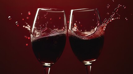 Two wine glasses clinking together with a splash of red wine against a red background.