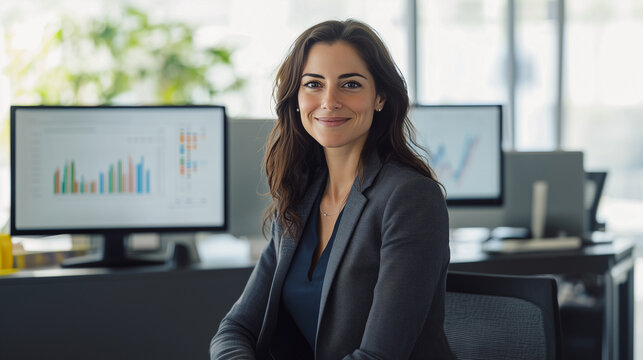 Data analysis professional concept: A confident businesswoman sits at her desk with charts displayed on monitors, symbolizing expertise in data analysis and business insights.