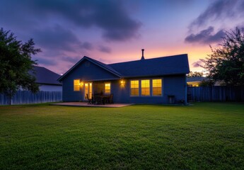 Fototapeta premium A beautiful two-story house with large windows and blue-gray walls